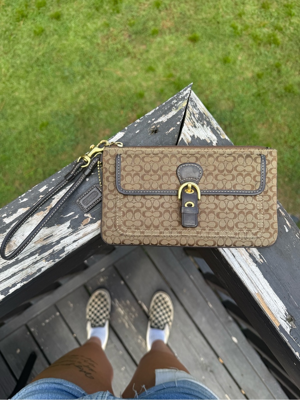 Coach Tan Signature Canvas Wristlet with Dark Brown Trim